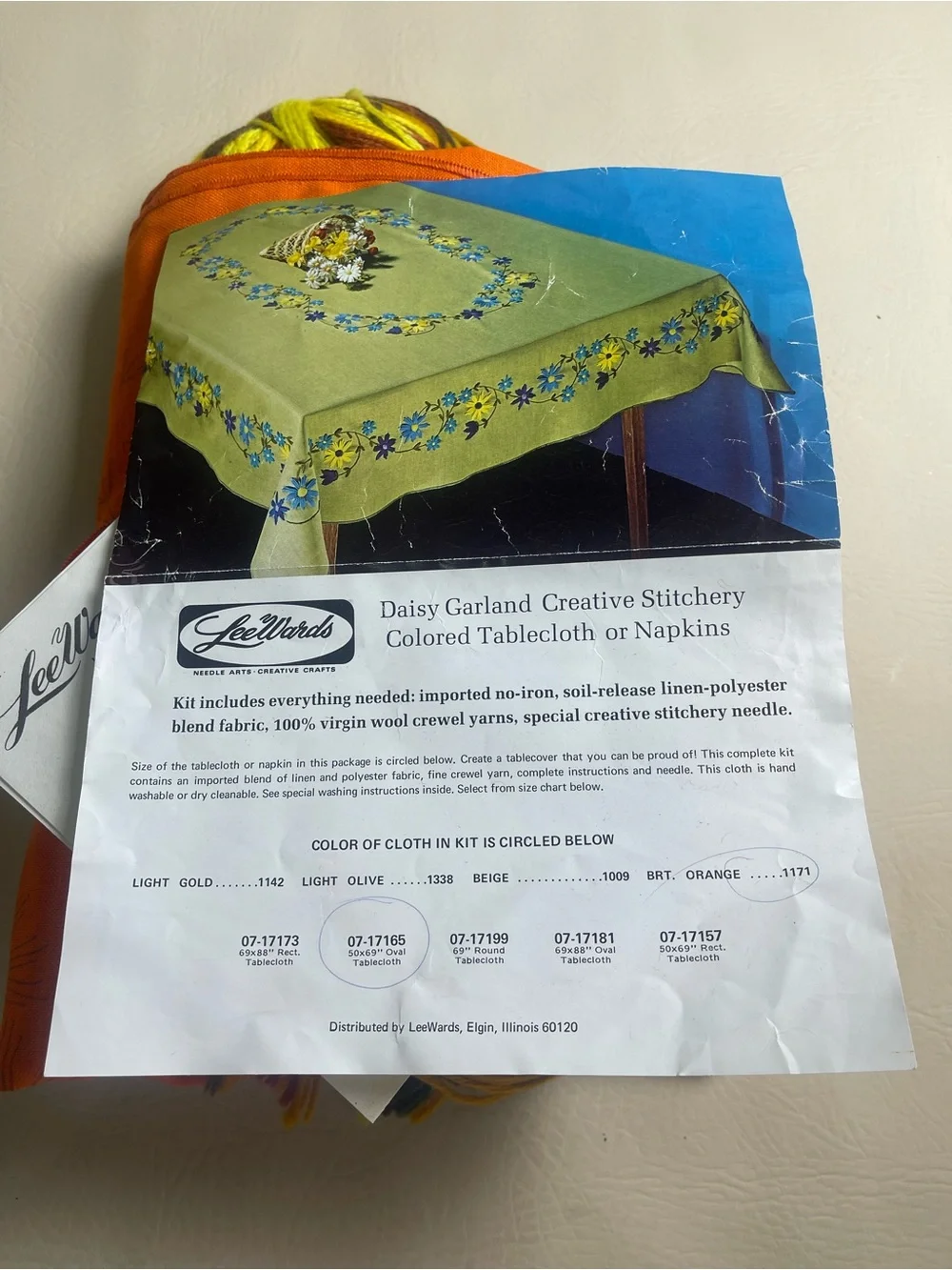 Vintage Crewel Embroidered Tablecloth kit burnt orange oval 50x69